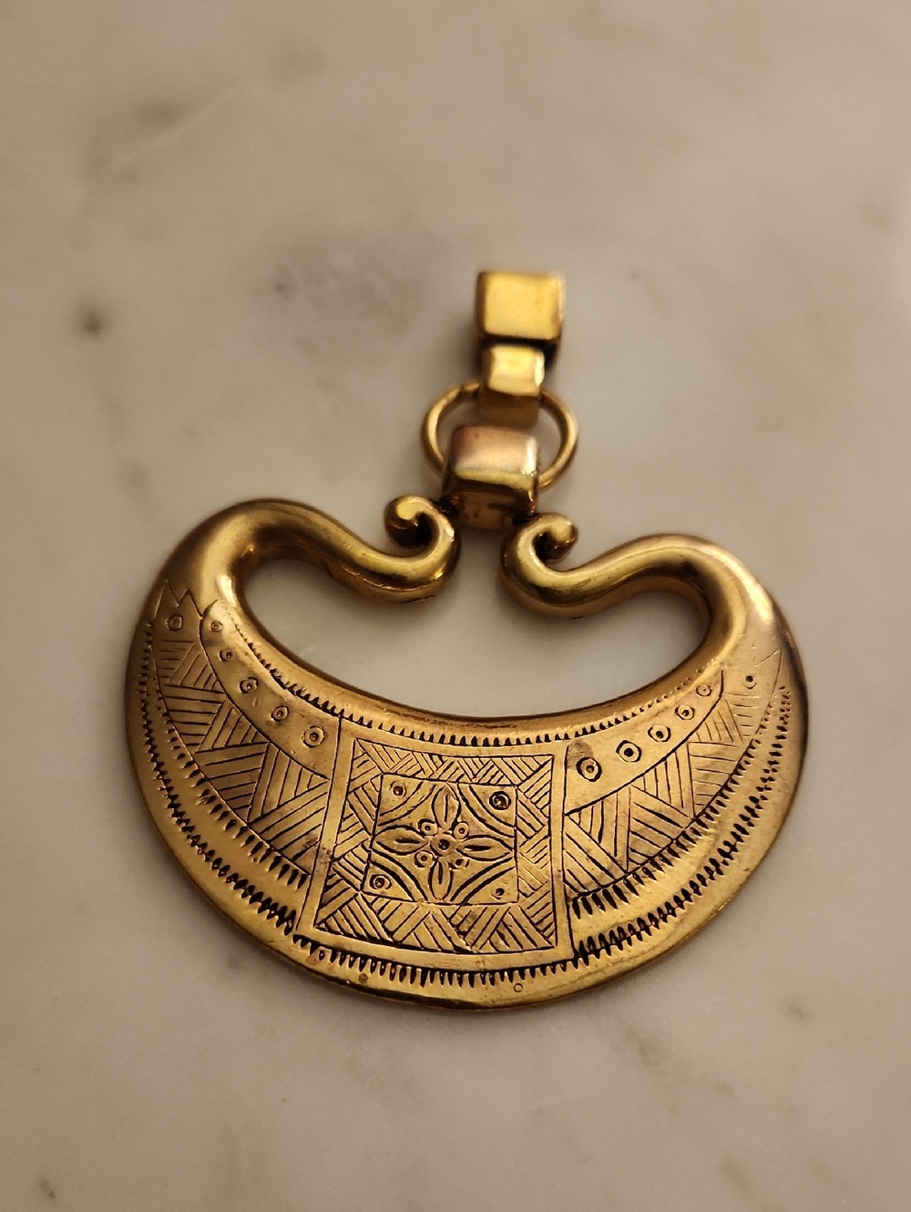 Vintage Tribal Engraved Crescent Gold-Tone Pendant For Necklace